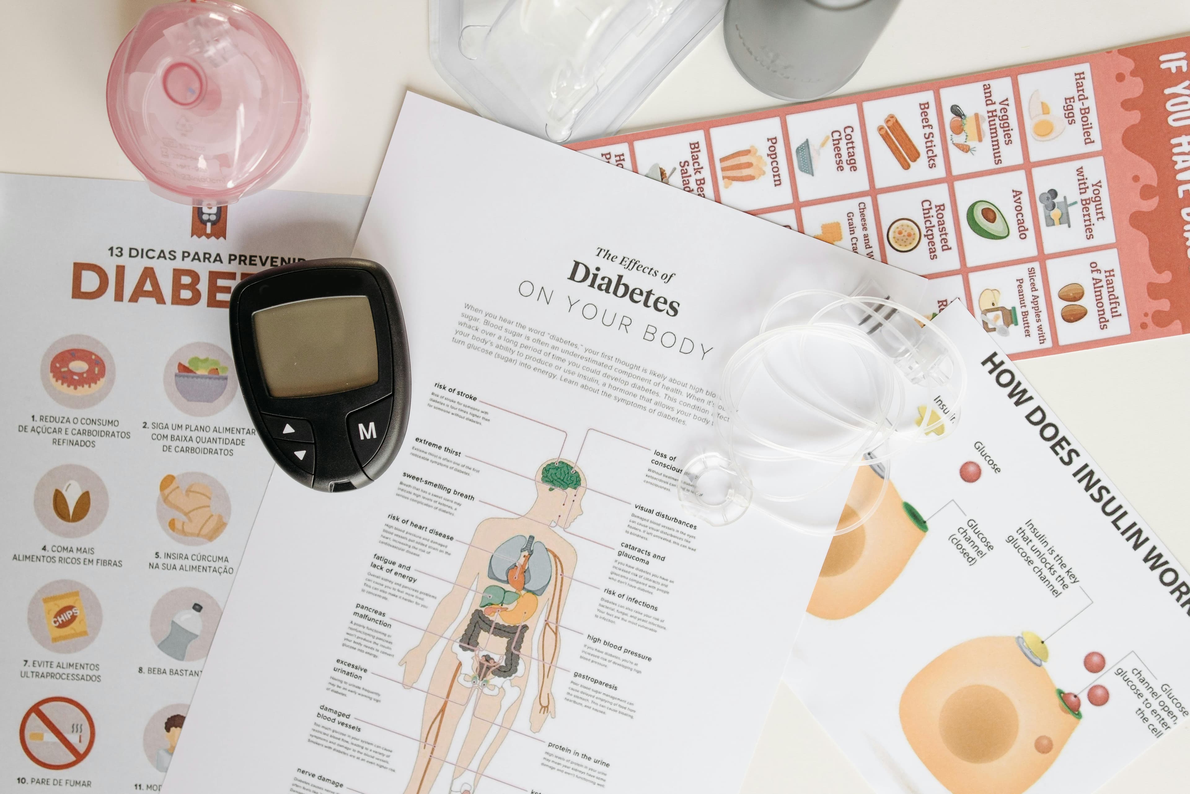 Diabetesgerelateerde materialen met een glucosemeter en informatieve schema’s over effecten, preventie en insuline.