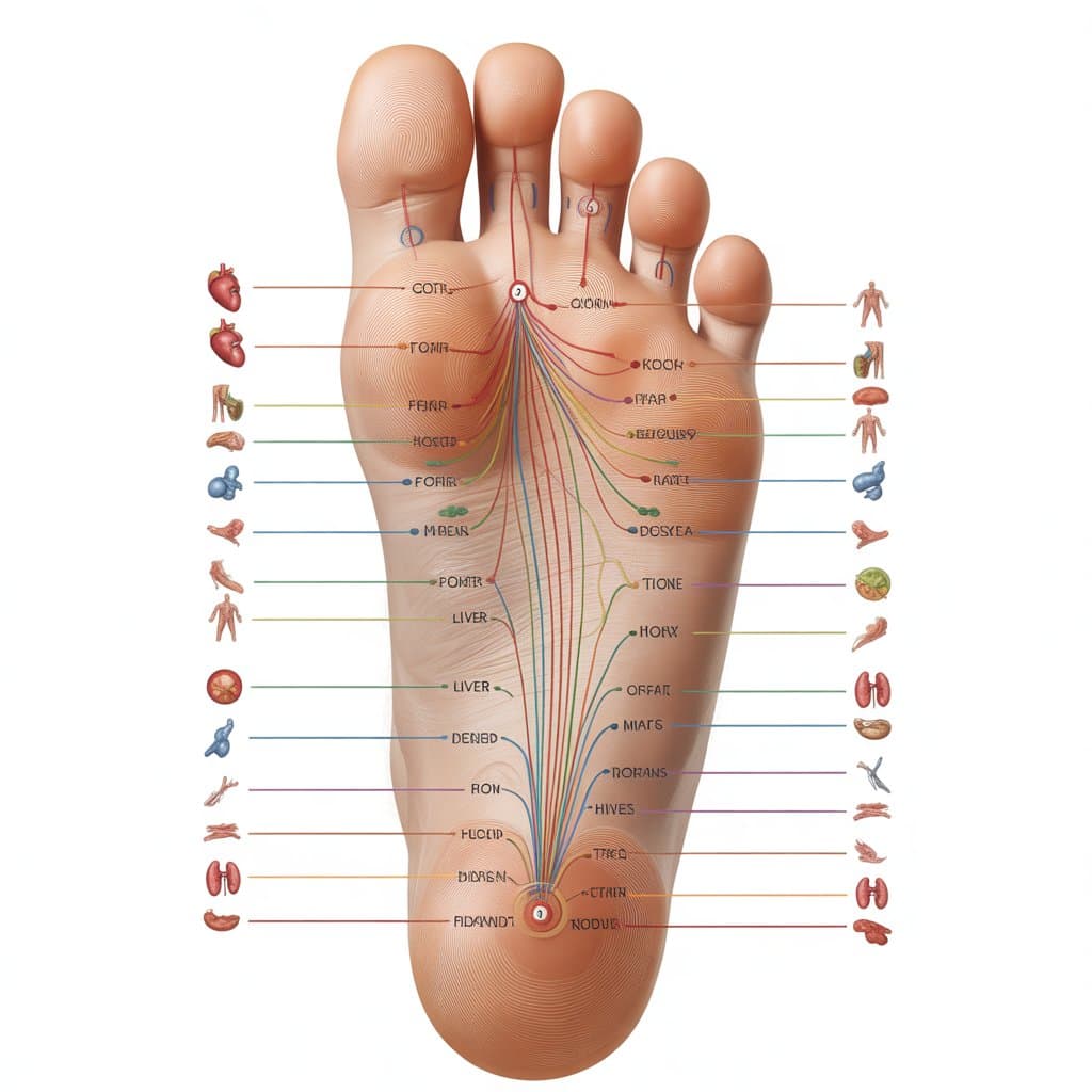 Illustratie van een voetreflexologie-schema dat de voetzool toont met lijnen naar organen, wat holistische genezing en balans symboliseert.